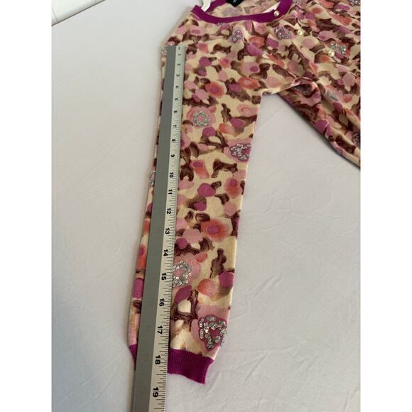 Till The End Womens L Silk Cashmere Colorful Floral Sequins Pearl Knit Cardigan - Picture 10 of 11